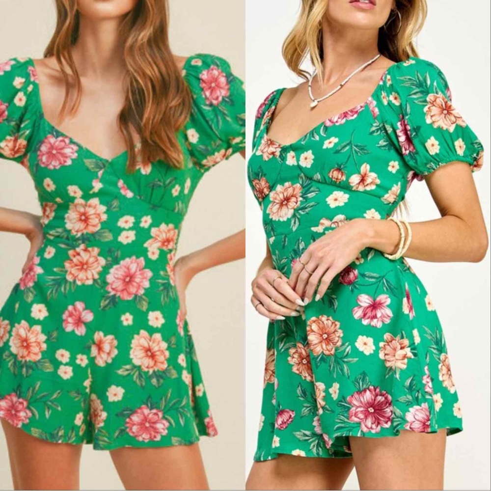 Bohemian Floral Sexy Back Romper - Green - Picture 2 of 4